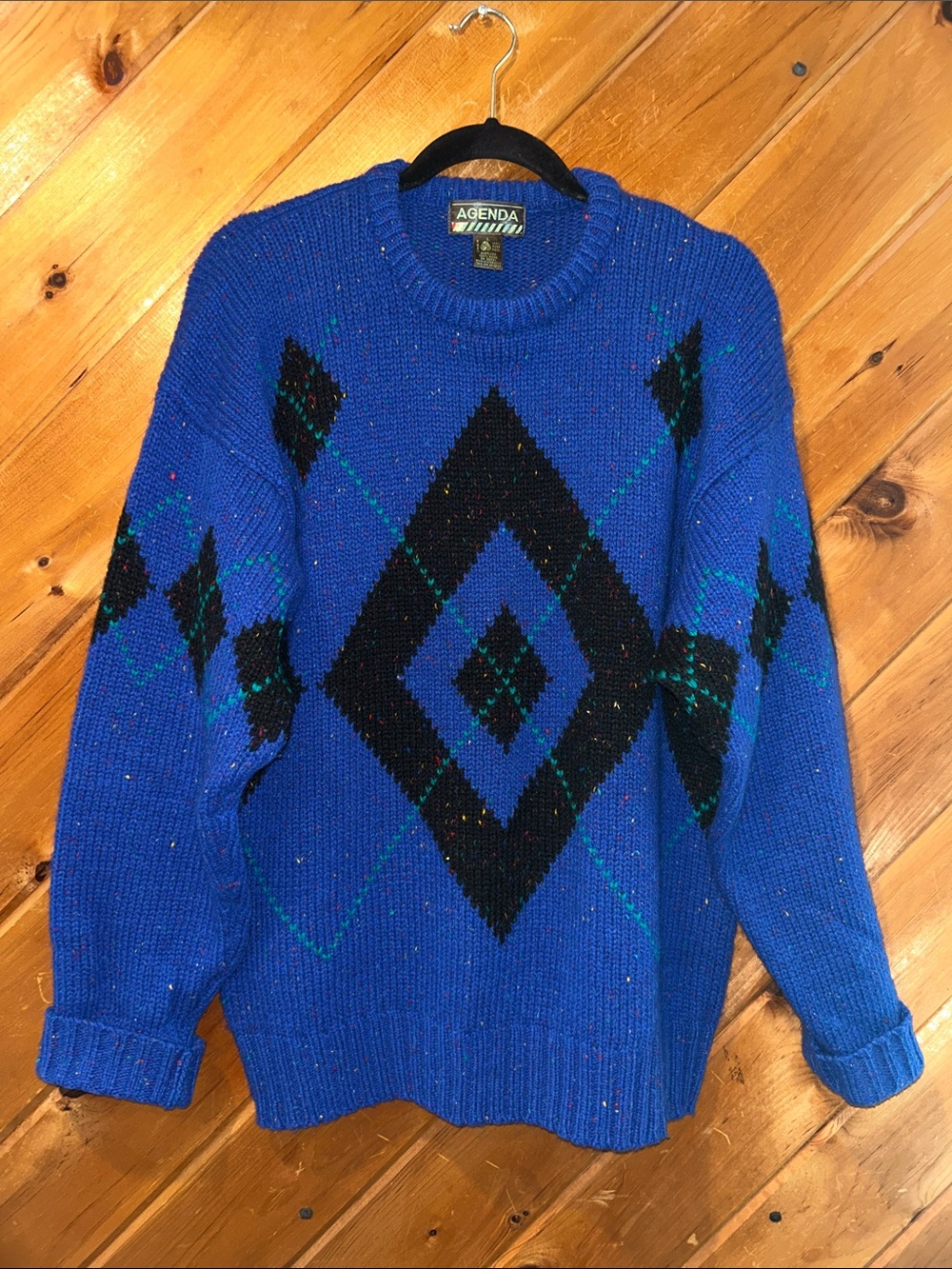 Vintage Men’s Agenda 100% Shetland wood blue geometric argyle knit sweater